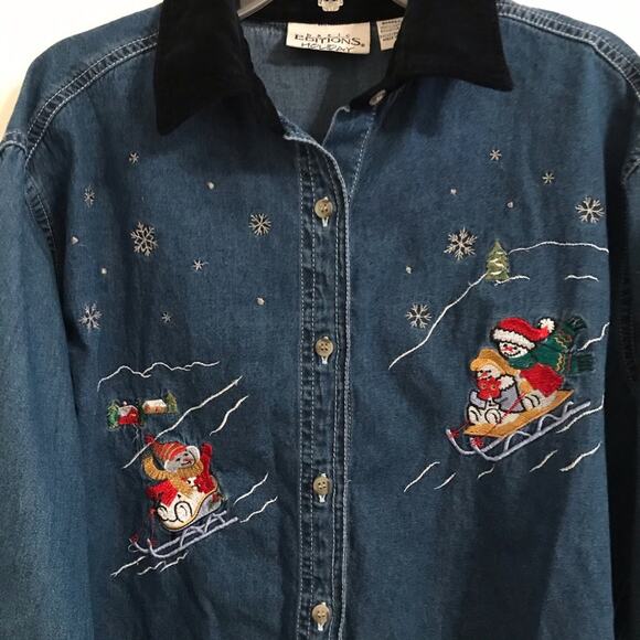 Holiday Denim Shirt Embroidered Snowman Y2K - Picture 6 of 9